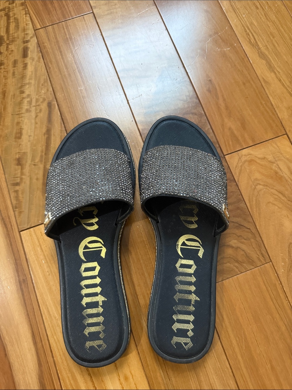 Juicy Couture Black Slides with Sparkling Gunmetal Strap